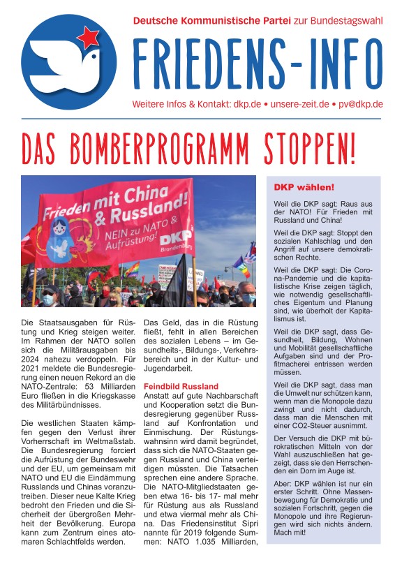 DKP-Information Friedens-Info 2021: Das Bomberprogramm stoppen!  (PDF, 2.32 MB)